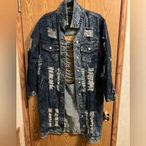Thrill Jeans Dark Blue Distressed Long Denim Jacket Women’s size Small